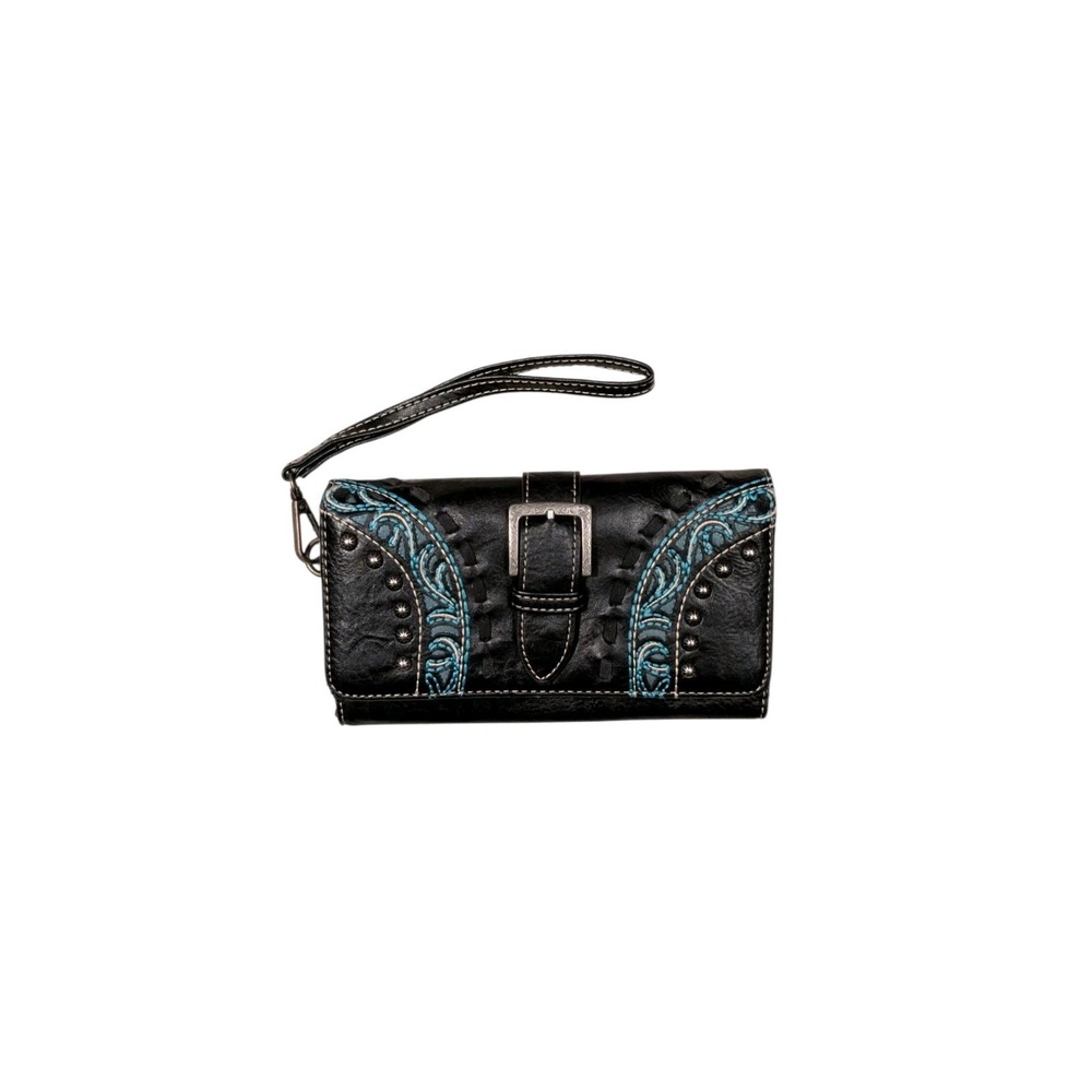 Montana West Black Turquoise Tooled Inlay Studded Buckle Wristlet Wallet Clutch